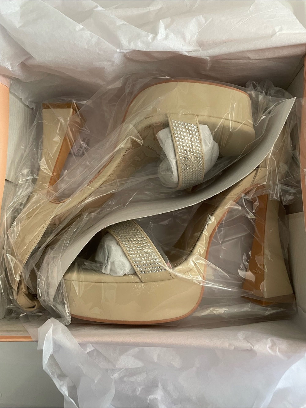 Glaze Champagne Patent Platform Heels with Crystal Strap